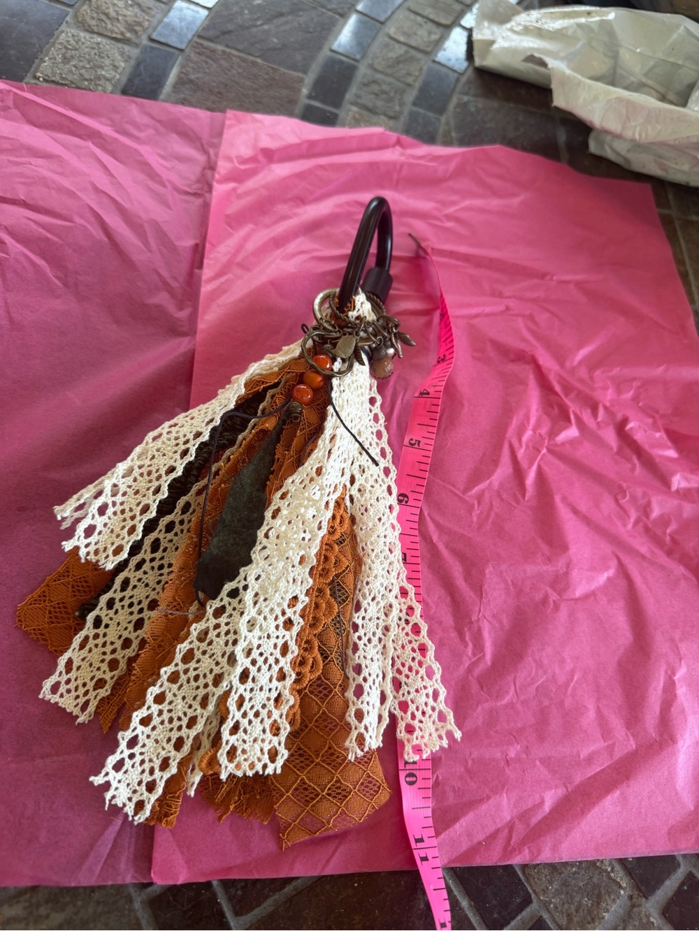 Handmade Lace & Fabric Tassel Keychain - Cream and Rust